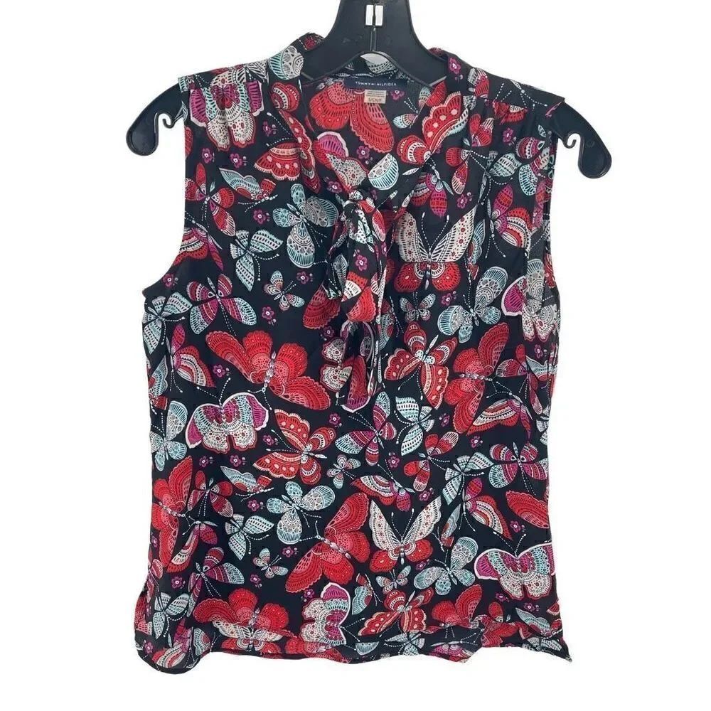 Tommy Hilfiger Womens Butterfly Blouse Top Sleeveless Tie Neck Red Black Small